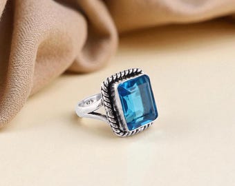 Swiss Blue Topaz Sterling Silver Ring: Handmade Oxidized 925 Jewelry