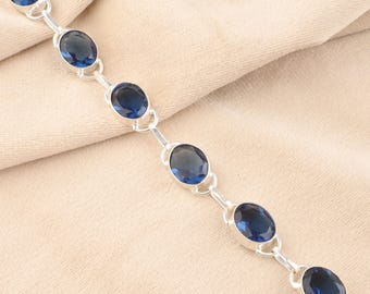 London Blue Topaz Silver Bracelet, Sterling Silver Oval Gemstone Chain