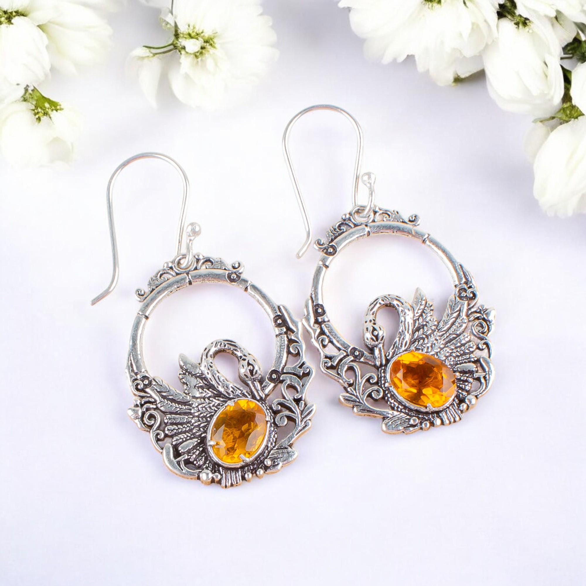 Boucles d'oreilles en argent sterling 925 authentiques avec pierres précieuses de citrine pour femmes Bijoux de boucle d'oreille de fête modernes faits à la main