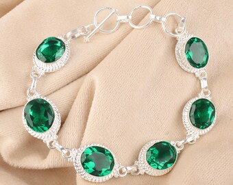Green Emerald Gemstone Silver Bracelet, 925 Sterling Silver, Women's Bracelet, Adjustable Bracelet, Wedding Bracelet, Valentine Gift For Her