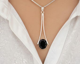 Natural Black Onyx Gemstone Droplet Pendant | 925 Sterling Silver | Handmade Black Onyx Necklace | July Birthstone | Gift For Her