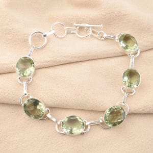 Green Amethyst Gemstone Silver Bracelet, 925 Sterling Silver Handmade Women Bracelet 7-9&quot;, Unique Partywear Bracelet, Bridal Gift Jewelry