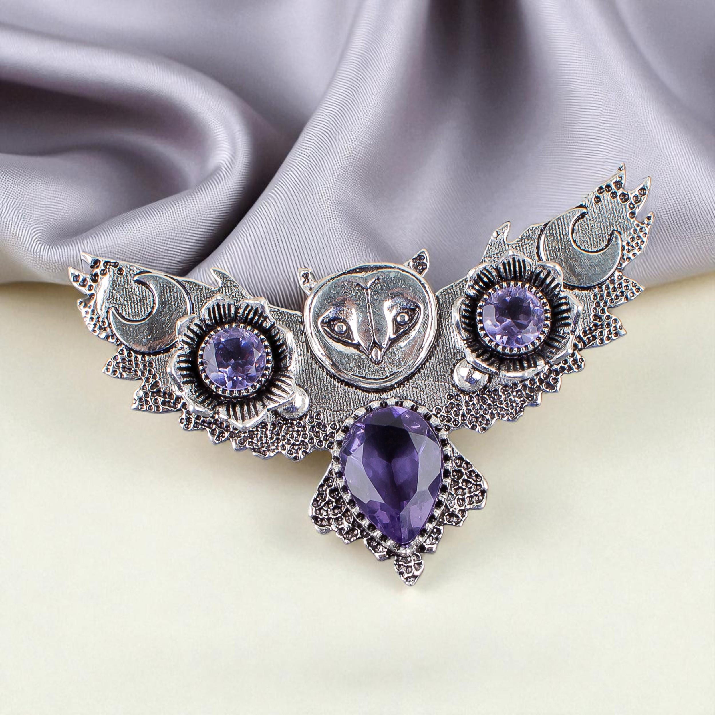 Iolite Gemstone Silver Owl Pendant, 925 Sterling Silver Charm Pendant, Beautiful Halloween Pendant, 