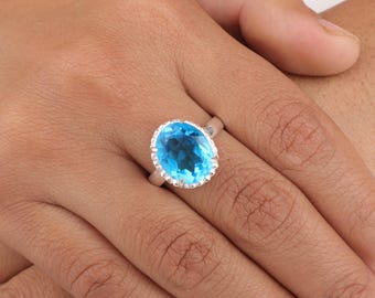 Hermoso anillo de topacio azul suizo, hecho a mano en plata de ley maciza 925, piedra de nacimiento del mes de diciembre para mujer, forma ovalada.