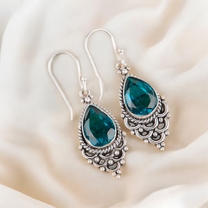 Natural Apatite Earrings, Handmade Silver Earrings, 925 Sterling Silver Jewelry, Oxidized Earrings, Blue Gemstone Earrings, Gift For Women