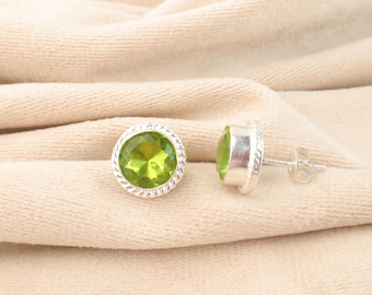 Green Peridot Women's Stud Earring, 925 Sterling Silver, Gemstone Stud 0.53", Vintage Stud Earring, August Birthstone Earring, Birthday Gift
