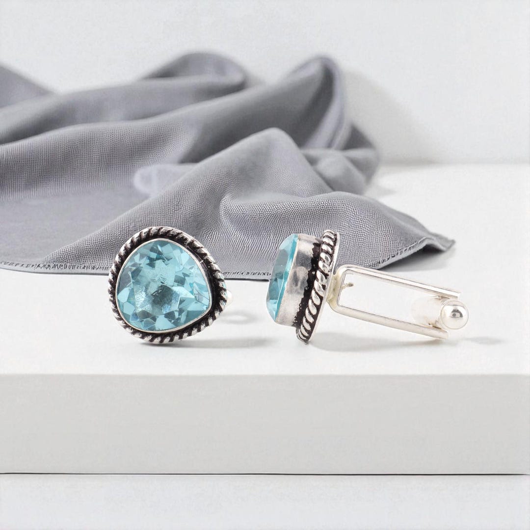 Sky Blue Topaz Gemstone Silver Cufflinks, 925 Sterling Silver