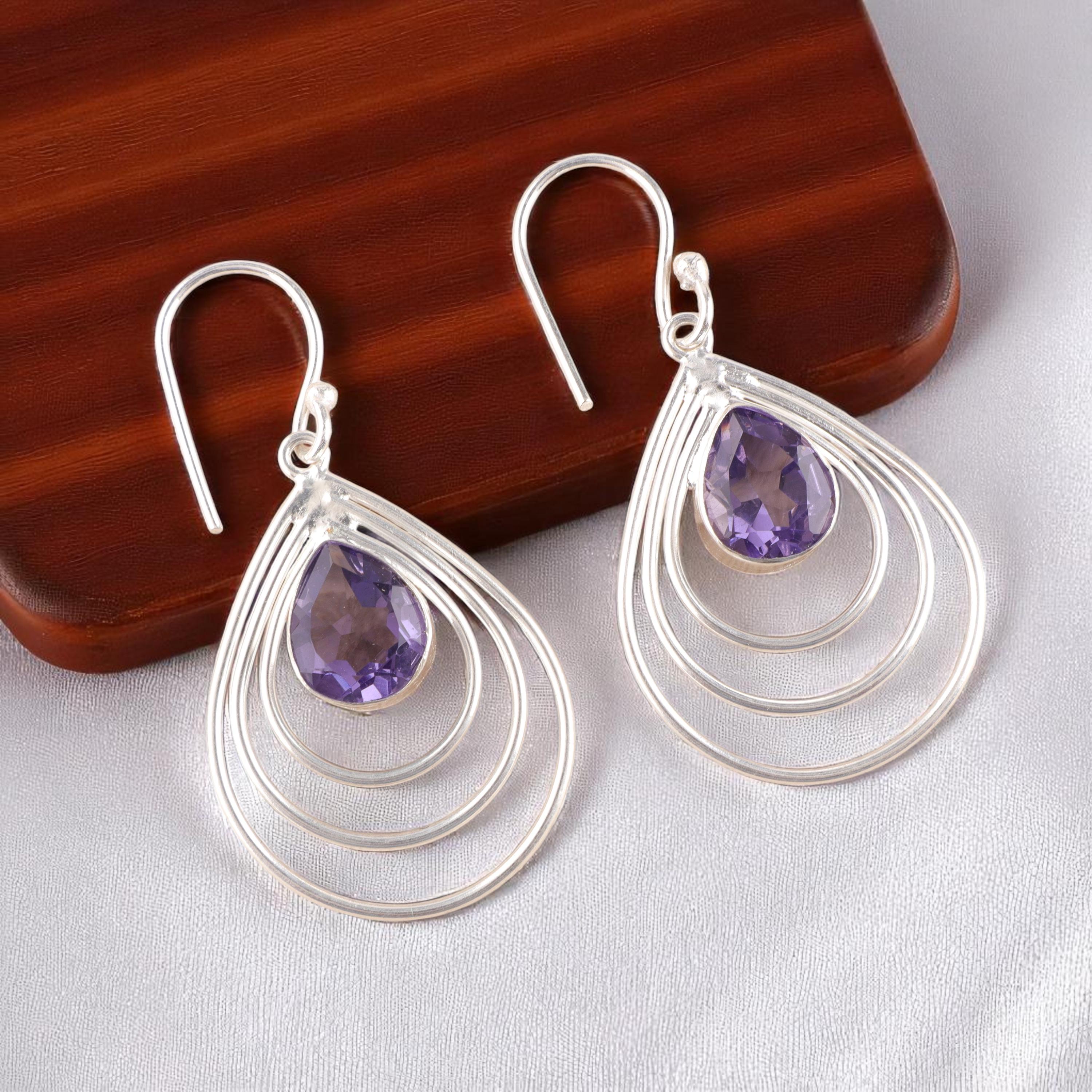 Boucles D'oreilles En Argent Sterling 925 Avec Iolite - Fait Main En Inde - Style Pendante Goutte