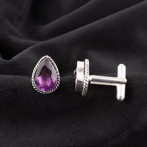 African Amethyst Men&#39;s Cufflinks, 925 Sterling Silver, Silver Gemstone Cufflink 0.67&quot;, Groom Cufflink, Suit Cufflink, Valentine Gift For Men