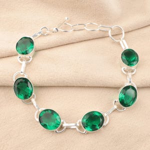 Green Emerald Gemstone Silver Bracelet, 925 Sterling Silver, Partywear Bracelet For Women 7-9&quot;, May Birthstone, Handmade Chain Bracelet