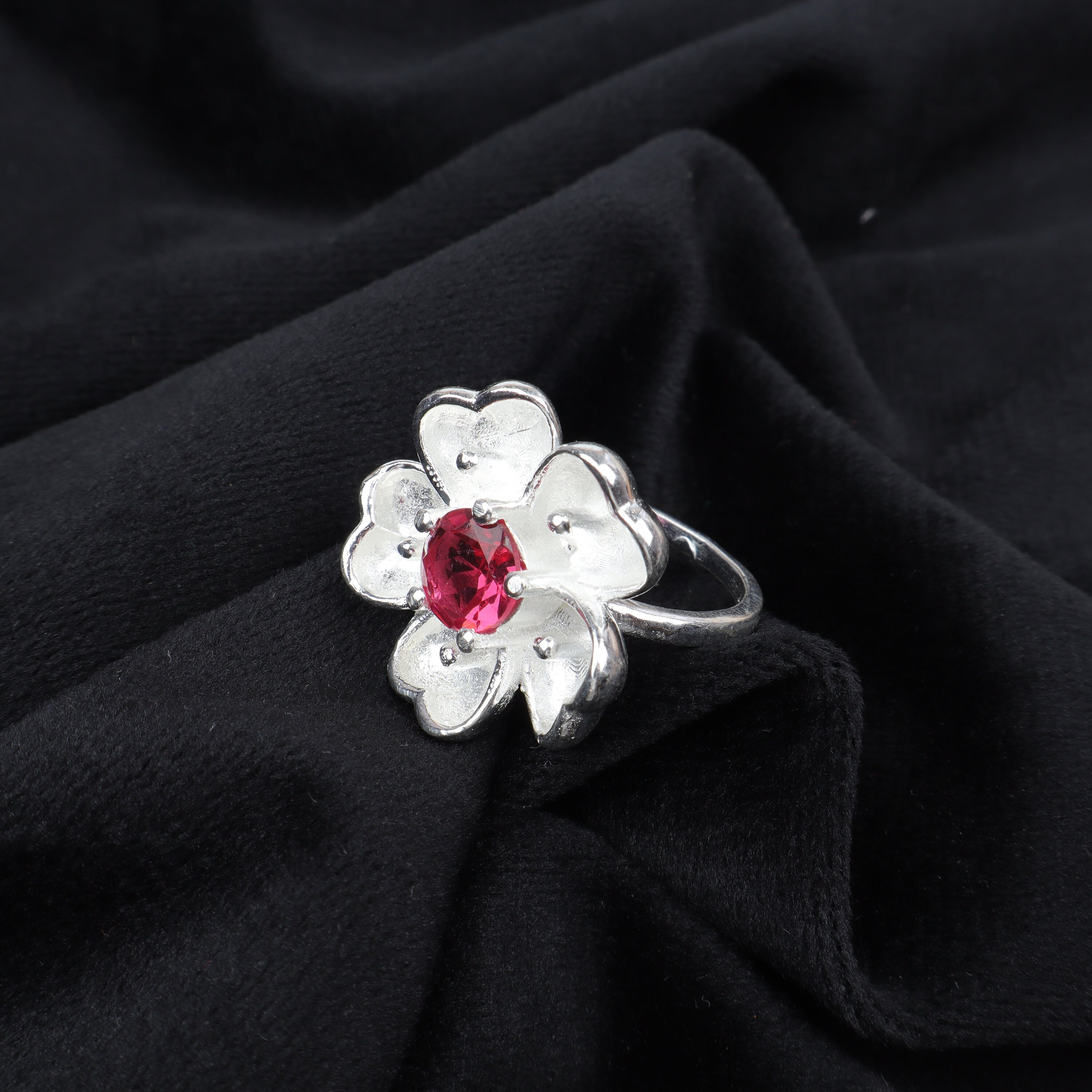 Bague Fleur En Argent Sterling 925 - Tourmaline Rose & Zircon - Fait Main Sur Mesure - Inde - Neuf