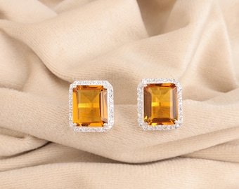 Madeira Citrine Women Stud Earring, 925 Sterling Silver, CZ Dimond Earring, Cubic Zircon Gemstone Studs Jewelry For Women, Gift For Birthday