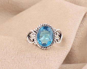 Handcrafted Oval Swiss Blue Topaz Ring, Sterling Silver, Vintage Style