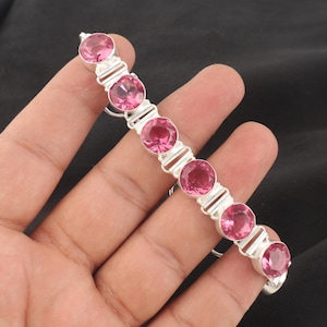 Pink Tourmaline Gemstone Silver Bracelet, 925 Sterling Silver Bracelet, Gift For Her, Handmade Women Bracelet 7-9&quot;, Gift For Anniversary