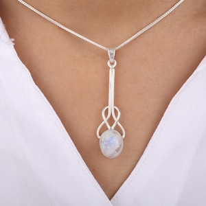 Rainbow Moonstone Gemstone Silver Pendant, 925 Sterling Silver Handmade Women Pendant, Unique Long Droplet Pendant, June Birthstone Pendant