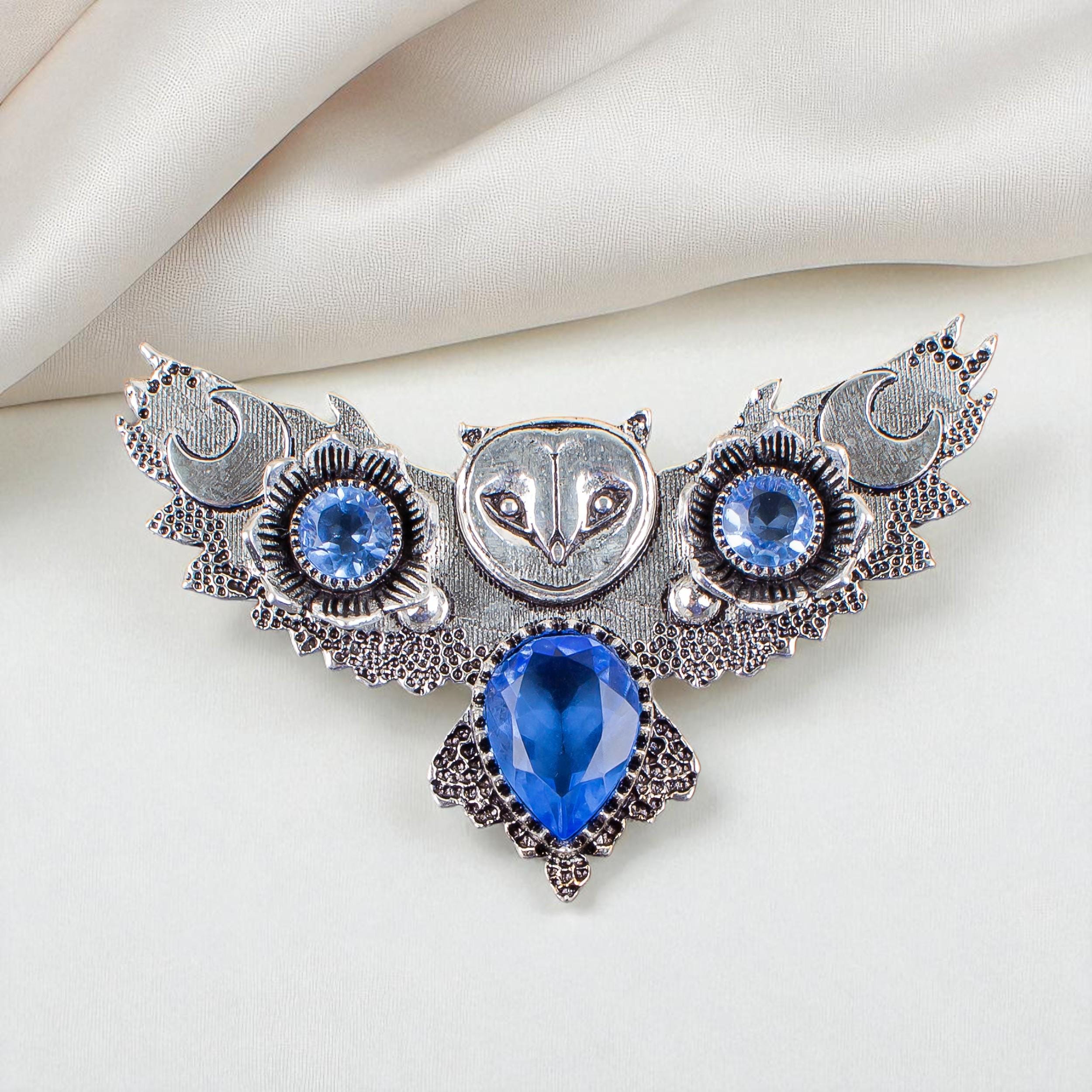 Tanzanite Gemstone Silver Owl Pendant, 925 Sterling Silver Unique Halloween Pendant 1.27", Oxid