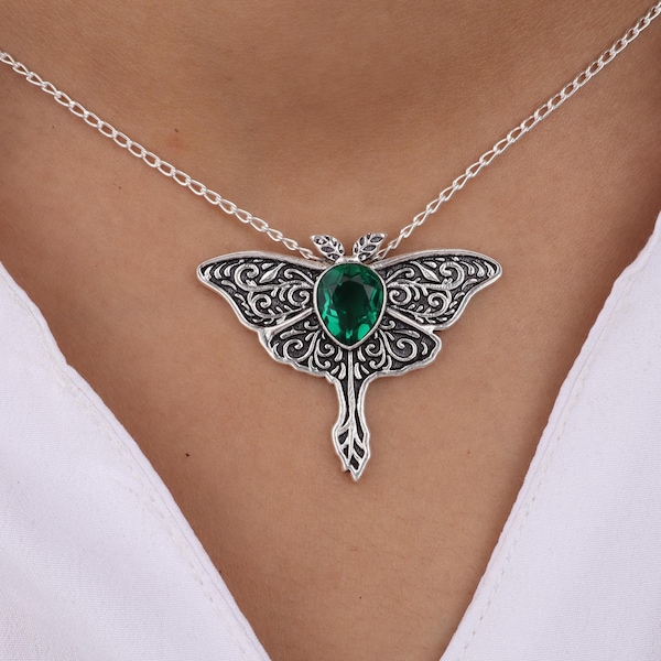 Green Emerald Gemstone Butterfly Pendant, 925 Solid Silver Vintage Style Pendant 1.2", Oxidized Jewelry, Handmade Pendant, Anniversary Gift