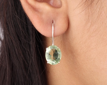 Pendientes de plata de ley con amatista verde: Pendientes colgantes hechos a mano, piedra natal de febrero