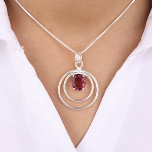 Natural Rhodolite Pendant 925 Sterling Silver Oval Cut 10x12MM Gemstone Circle Pendant 1.79&quot;, Handmade Pendant, Gifted Jewelry, Gift For Her