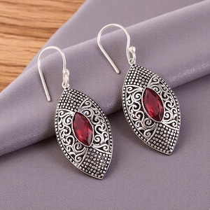 Pink Rubellite Gemstone Silver Earring, 925 Sterling Silver, Vintage Style Dangle Earring 2.15&quot;, Oxidized Silver Earring, Anniversary Gift