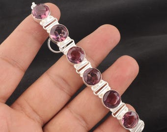 Natürliches Rhodolith Edelstein Silber Armband, 925 Sterling Silber Armband, Handgefertigtes Silber Armband Für Geschenk, Juli Birthstone, Geschenk für Frauen