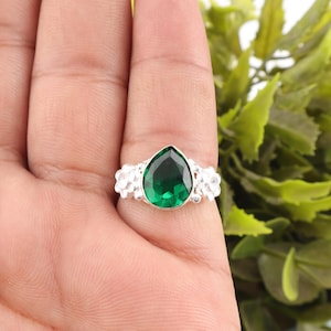 Green Emerald Gemstone Silver Ring, 925 Sterling Silver, Emerald Silver Ring, Handcrafted Bezel Set Ring, May Birthstone, Gift For Birthday