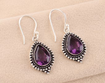Amethyst Gemstone Silver Earring, 925 Sterling Silver, Amethyst Drop Earring 1.6", Oxidized Earring For Women, February Birthstone Earrings