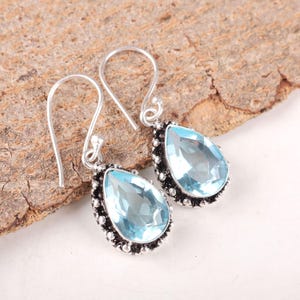 Sky Blue Topaz Gemstone Earrings, 925 Sterling Silver Earrings, Blue Topaz Earrings, Oxidized Earring, Drop Earrings, December Birthstone