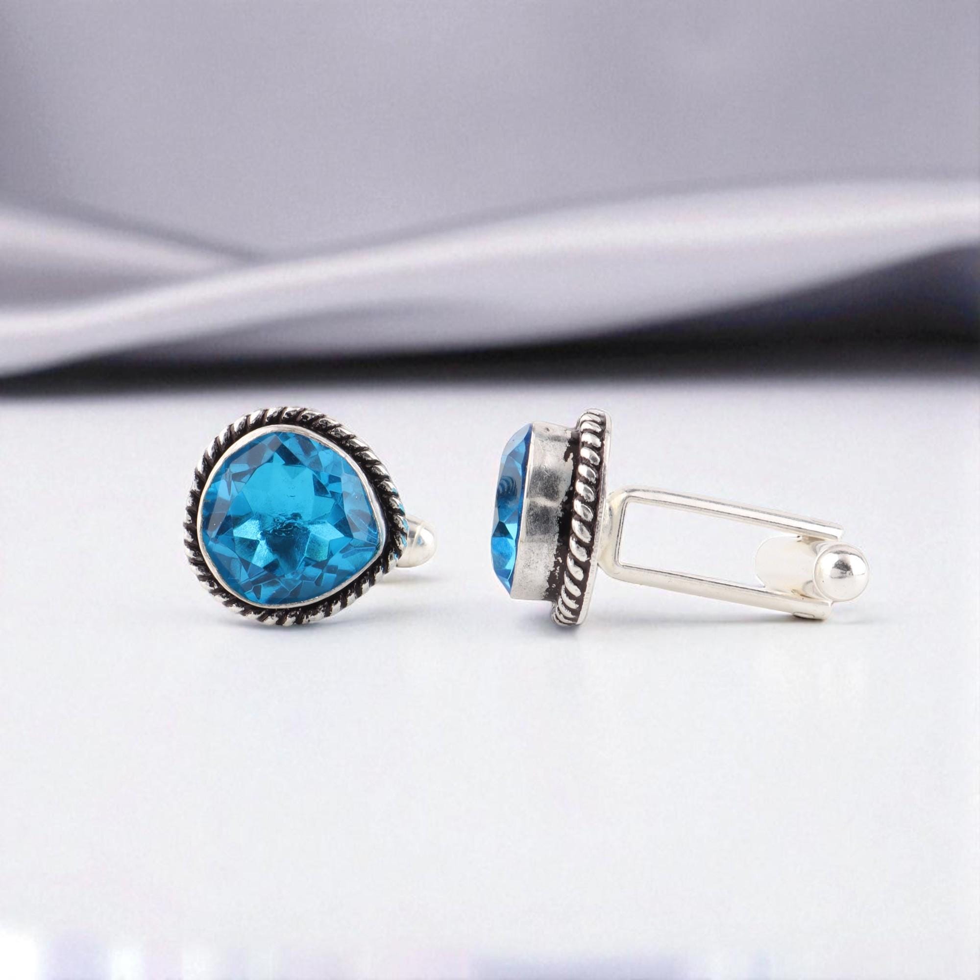 Boutons De Manchette Homme En Argent 925 Avec Topaze Bleue Naturelle Et Saphir - Style Ethnique
