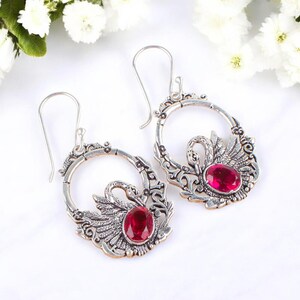 Pink Rubellite Gemstone Silver Earrings, 925 Sterling Silver, Handcrafted Swan Earrings, Oxidized Silver Earring, October Birthstone Earring
