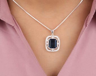Natural Blue Topaz Pendant, London Blue Topaz Pendant, 925 Solid Silver Pendant, Rectangle Cut Pendant, Beautiful Pendant, Necklace For Gift