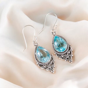 Sky Blue Topaz Earrings, Natural Blue Topaz Earrings, 925 Sterling Silver Earrings, Oxidized Earrings, Drop & Dangle Earrings, Gift For Her