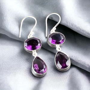 Amethyst Gemstone Silver Earrings, 925 Sterling Silver Drop Earrings, Unique Partywear Earrings, Women Earrings, February Birthstone Jewelry