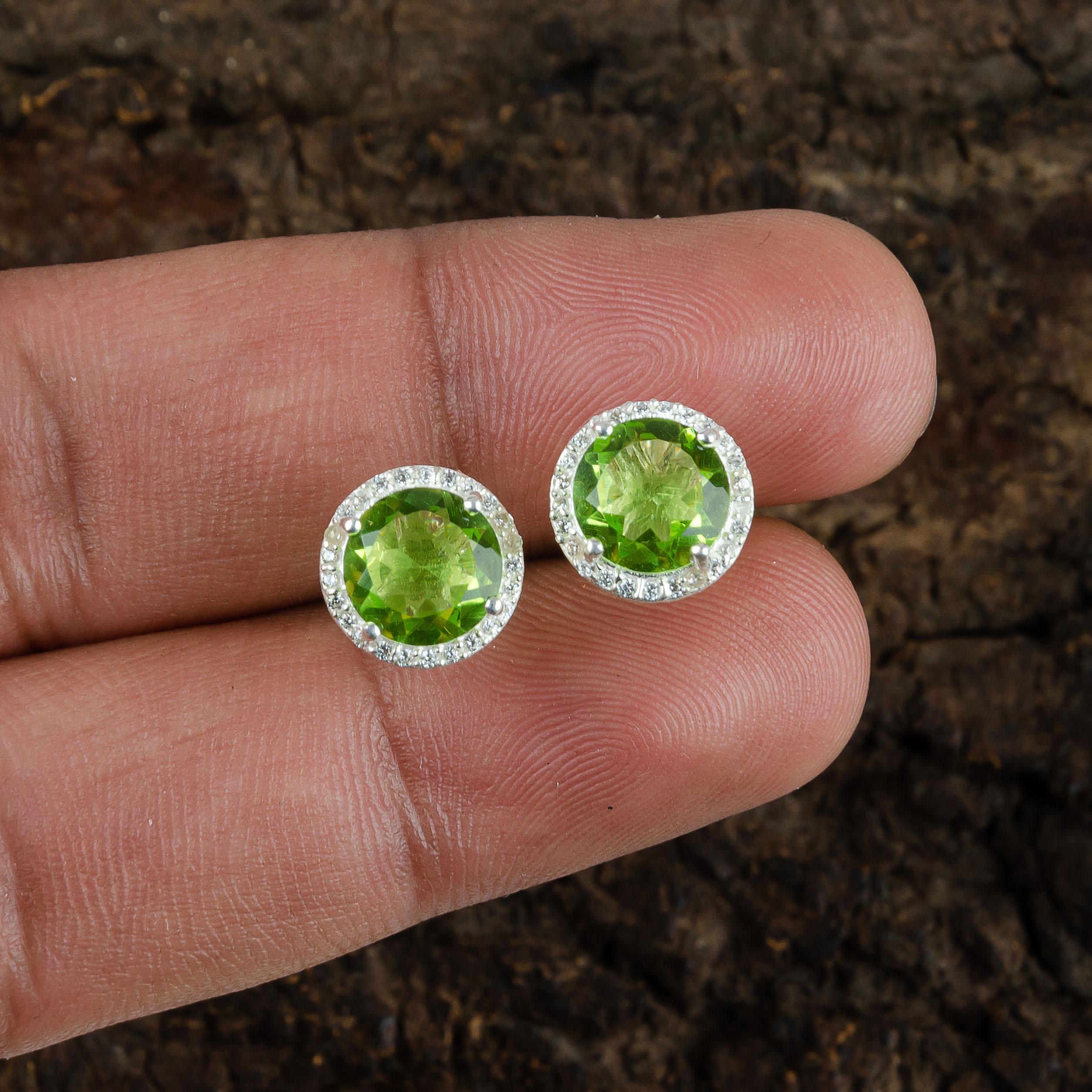 Natural Peridot Gemstone Silver Stud Earring, 925 Sterling Silver, CZ Dimond Stud, Zircon Stud Earring, August Birthstone Earring, Gift Idea