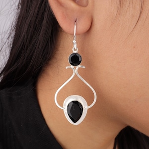 Natural Black Onyx Earring, 925 Sterling Solid Silver Handcrafted Earring For Women&#39;s - Pear Onyx Earring - Birthday Gift Earrings 2.07&quot;