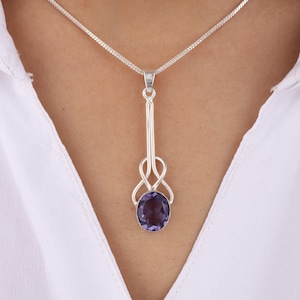 Amethyst Gemstone Silver Pendant, 925 Sterling Silver, Long Drop Pendant For Women 1.79&quot;, Unique Pendant, Handmade Pendant, Anniversary Gift