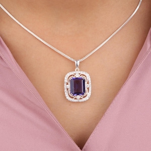 Natural Iolite Gemstone Silver Pendant, 925 Sterling Silver CZ Dimond Prong Set Necklace, Zirconia Pendant, Women Necklace, Gift For Women