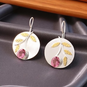 Natural Pink Tourmaline Earring 1.73&quot;, Drop & Dangle Earring For Women, 925 Solid Silver Gemstone Earring, Two Tone Earrings, Gift For Her
