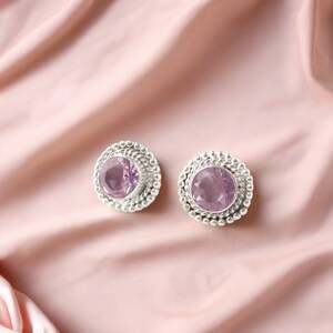 Round Morganite Stud Earrings- 925 Solid Sterling Silver Earrings For Women- Pink Gemstone Earrings- Anniversary Birthday Gift for Her