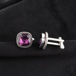 African Amethyst Gemstone Silver Cufflinks, Vintage Style Men&#39;s Jewelry 0.61&quot;, Wedding Suit Cufflinks, Oxidized Jewelry, Anniversary Gift