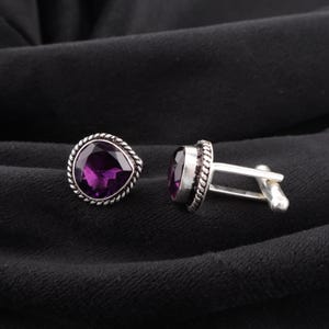 Amethyst Gemstone Silver Cufflinks, 925 Sterling Silver Men&#39;s Suit Cufflinks 0.62&quot;, Gift For Him, Oxidized Cufflinks, February Birthstone