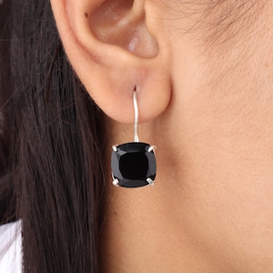 Natural Black Onyx Gemstone Silver Earrings, 925 Sterling Silver Droplet Dangle Earrings 1&quot;, Beautiful Women Earrings, Handmade Earrings