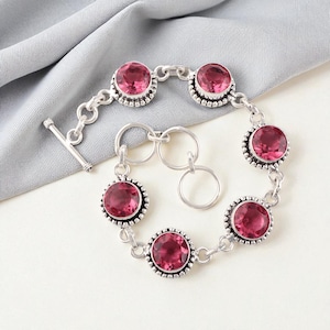 Pink Tourmaline Gemstone Silver Bracelet, 925 Sterling Silver Handmade Oxidized Jewelry, Partywear Bracelet, October Birthstone, Women Gift