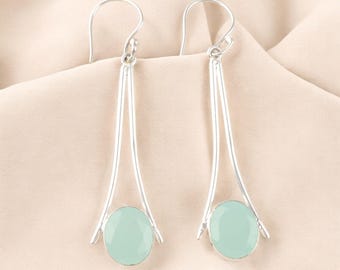 Aqua Chalcedony Sterling Silver Drop Earrings: 925 Partywear Gemstone