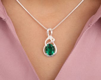 Green Emerald Gemstone Silver Pendant, 925 Sterling Silver, Women's Silver Pendant 1.22", Faceted Oval Cut Pendant, Necklace Gift For Women