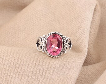 Anillo de turmalina rosa, plata de ley 925, joyería oxidada hecha a mano