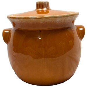 Vintage Hull Pottery Bean Pot Tangerine Orange Drip Glaze Lid MCM Oven Proof USA