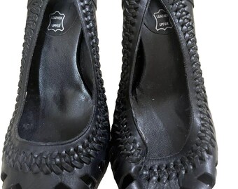 Cathy Jean Leather Peep Toe 7 Strappy Slingback Black VTG Y2K Braided 4" Heel