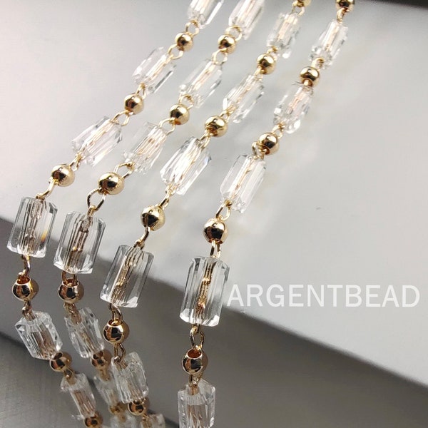 0.5 meter of Crystal Gold filled White Tube Crystal Faceted Rectangle 3mm rosary chain, Jewelry making supplies Argentbead 226AG2028