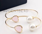 66.29x52.55mm Gold plated Pearl and Opal pink birthstone Bangle cuff can attached tiny charm 1 piece Bangle AGCF01